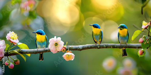 Pássaros Azuis Animados Empoleirados em Galhos Coloridos photo