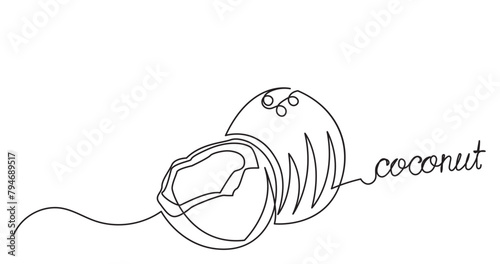Continuous line drawing of a half-cut slice of coconut Delicious organic
 fruit.Summer beach fruit vector illustration.Natural Ripe Coconut, oil, milk summer vacations, beach concept.

