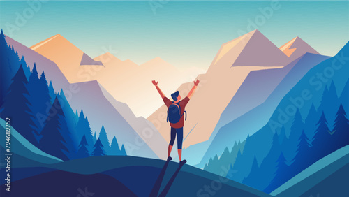 A hiker pauses on a mountain trail their arms raised and chest puffed out as they take in the breathtaking view of the surrounding peaks and