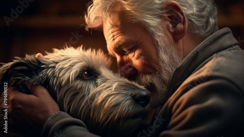 A captivating scene of a dog resting its head on its owner's lap, seeking comfort and reassurance as they gently stroke its fur.