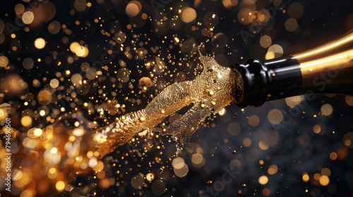 A bottle of champagne is being poured into a glass, creating a sparkling effect