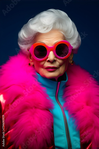 Elderly fashionable woman wearing vibrant pink fur and oversized sunglasses