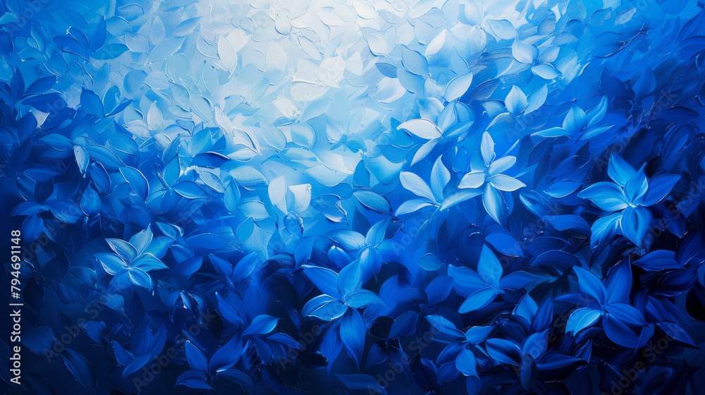 A painting of a blue ocean with a blue sky and a blue flower field