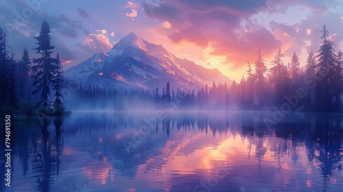 A peaceful vista of a mountain peak or tranquil lake at dawn or dusk with soft pastel hues painting the sky and reflecting on the waters surface