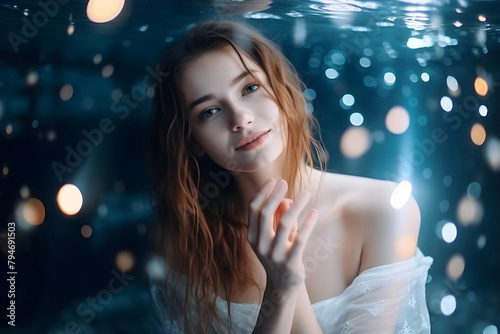 Serene woman smiling softly in a dreamy, glittering blue ambience