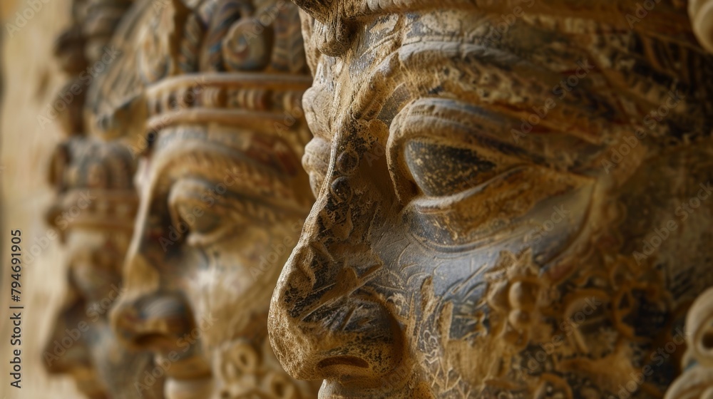 A close-up view of a group of intricately carved faces, showing detailed craftsmanship and unique expressions. Each face is distinct and diverse, showcasing the artistry of the carvings. A close-up view of a group of intricately carved faces, showing detailed craftsmanship and unique expressions. Each face is distinct and diverse, showcasing the artistry of the carvings.