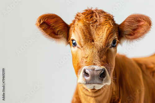 A close-up portrait of a brown cow