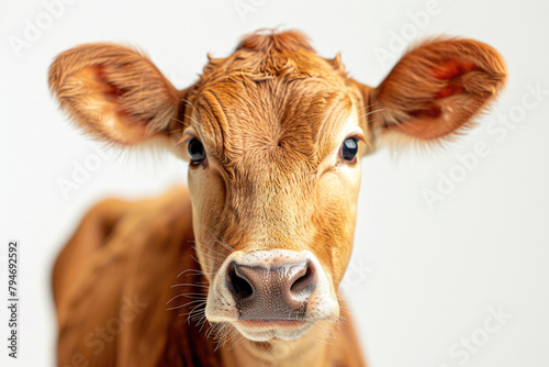 A close-up portrait of a brown cow