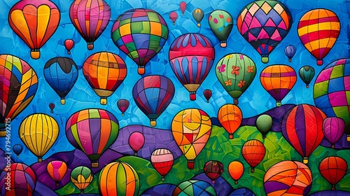 Many hot air balloons around landscape abstract art poster background