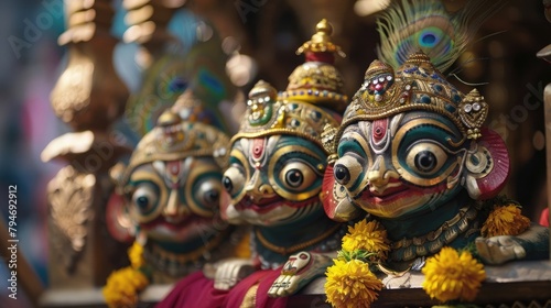 A close-up of the sacred idols of Lord Jagannath, Balabhadra, and Subhadra seated on the ornate chariots, ready for the Rath Yatra journey. © Ammar