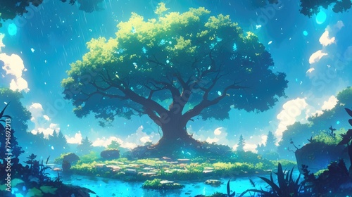 An immersive cartoon depiction of a tree standing alone boasting a vibrant green canopy adorned with glistening water droplets