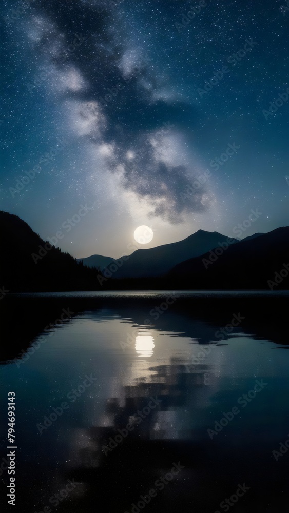 a calm lake, with the moon and stars reflecting off the water, capturing the peaceful beauty of the night sky