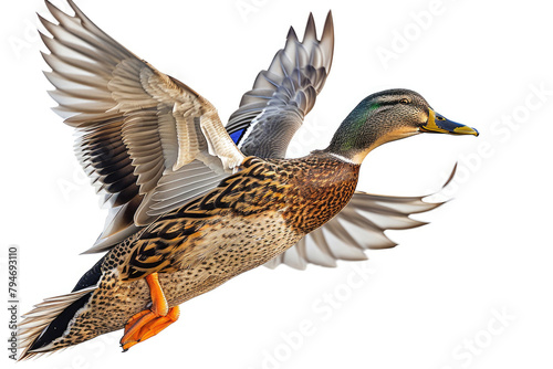 A mallard duck captured mid-flight photo