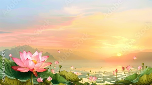 Background of sunset beauty adorned with a pond of fresh  enchanting pink lotus flowers  creating a cool and calm atmosphere