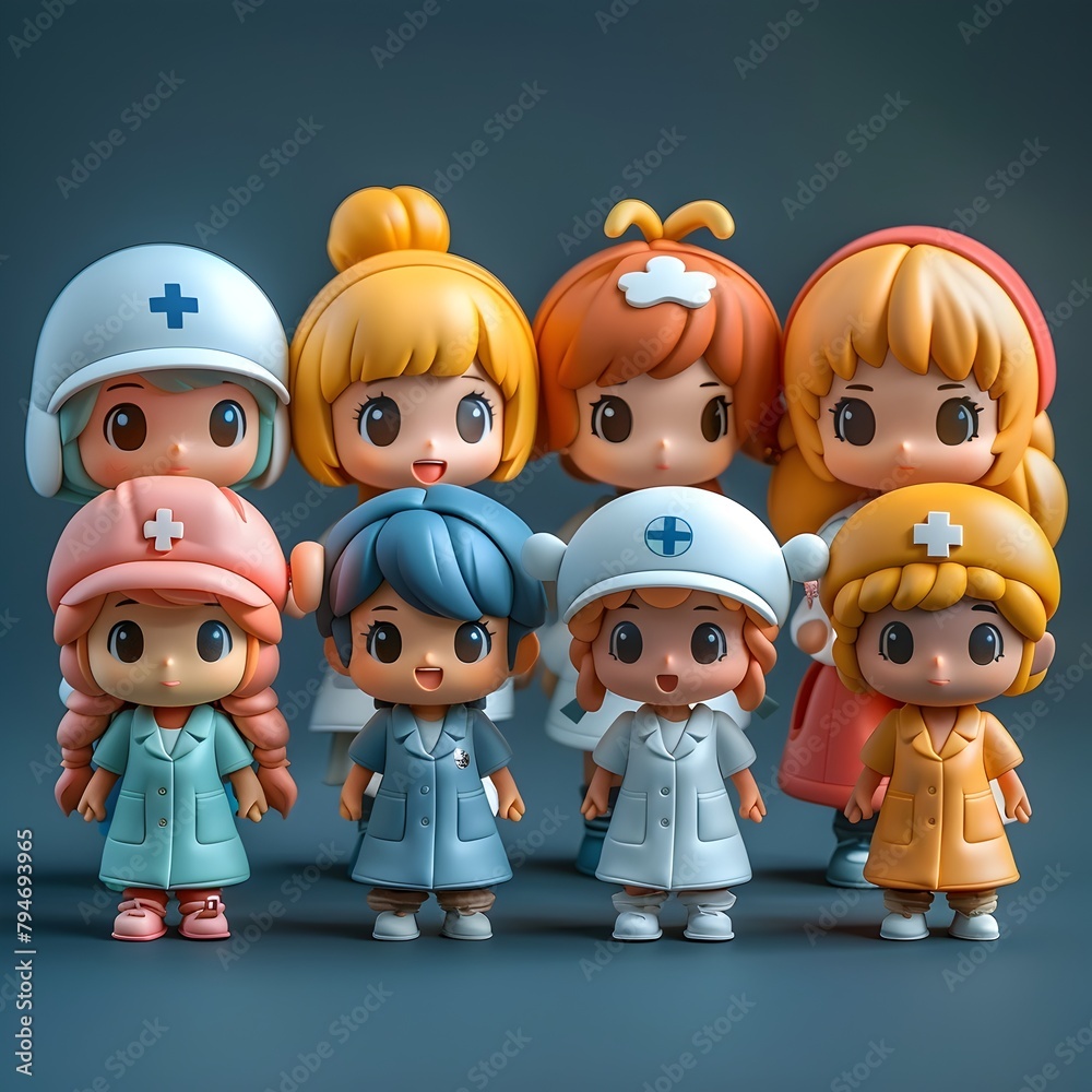 Cheerful Chibi 3D Icons of Smiling Medical Professionals in Pastel Hospital Setting Cheerful Chibi 3D Icons of Smiling Medical Professionals in Pastel Hospital Setting