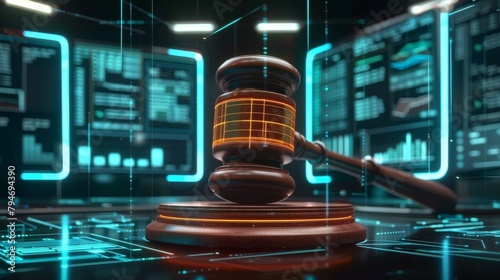 Law Meets Innovation: Futuristic Gavel on Holographic Podium with Digital Screens Showing AI Code and Data, Symbolizing the Fusion of Law and Technology in a Modern Courtroom