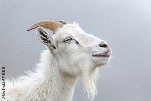 A white goat gazing into the distance