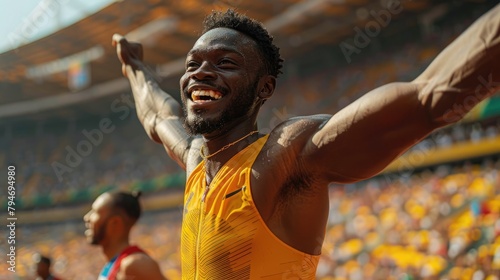 sportsman with golden olympic medal stands on olympic sport stadium and celebrating victory, moment of euphoria during summer Olympic Games .