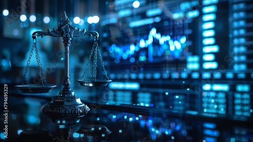 Balancing Justice: Hyperrealistic Photo of Weighing Scales Against a Wall Street Backdrop, Symbolizing Legal Fairness Amidst Financial Charts in Dark Blue Tones