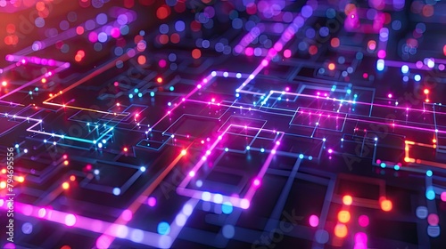 Neon maze of interconnected digital pathways