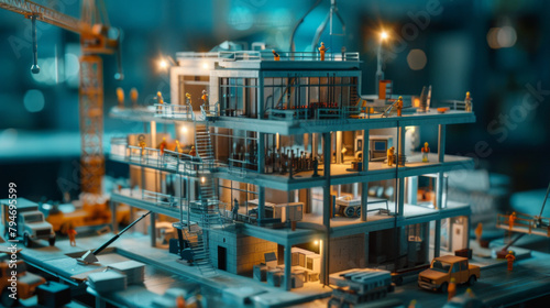 A model of a building with a crane in the background