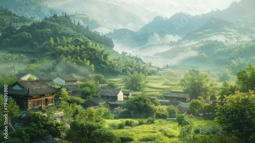 A lush green valley with a small village in the distance