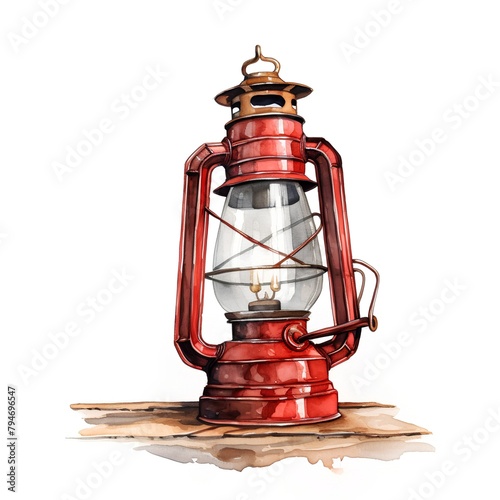 Watercolor hand drawn illustration of a red vintage kerosene lamp photo
