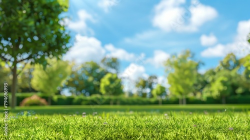 Blurry background with fresh green grass and lush trees in park.