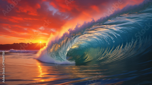 Sunset over the sea with vibrant colors reflecting on the waves, creating a breathtaking coastal scene under a clear sky