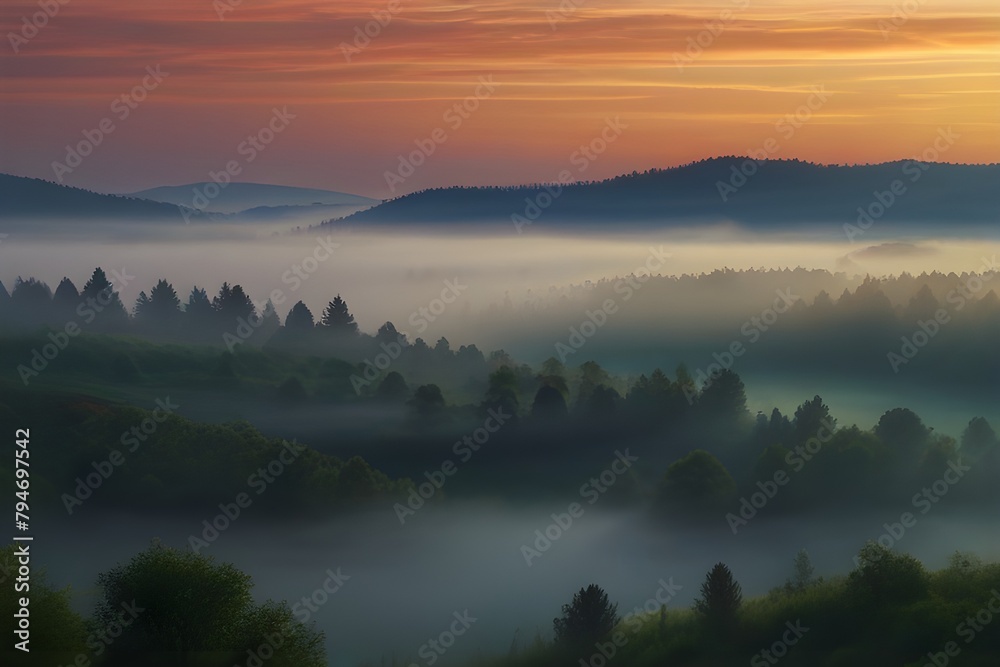 Fototapeta premium beautiful nature scene in the morning. foggy landscape in sunrise moment. foggy sunrise. seamless looping overlay 4k virtual video animation background Generative AI