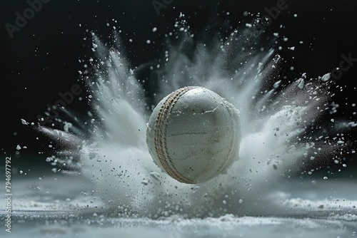 White Cricket ball bouncing and creating dust in ultra slow motion photo