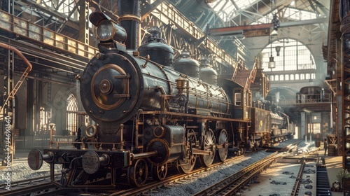Retro steam train locomotive of the early 19th century, steam locomotive in 1802. photo
