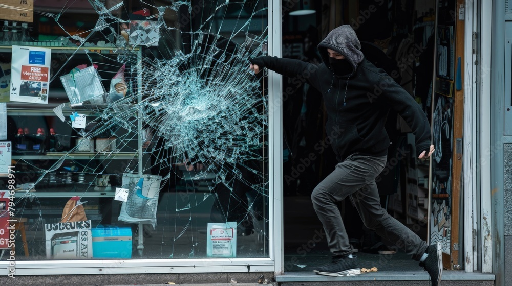 A figure wearing dark clothing and a mask sprinting away from a broken shop window