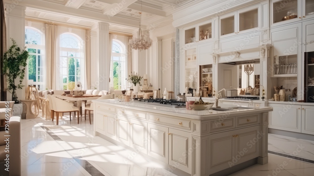 Fototapeta premium Luxurious And Bright Kitchen Interior With Elegant Furniture Inside Of Spacious Residential Mansion. Modern Concept For Interior Design And Architecture