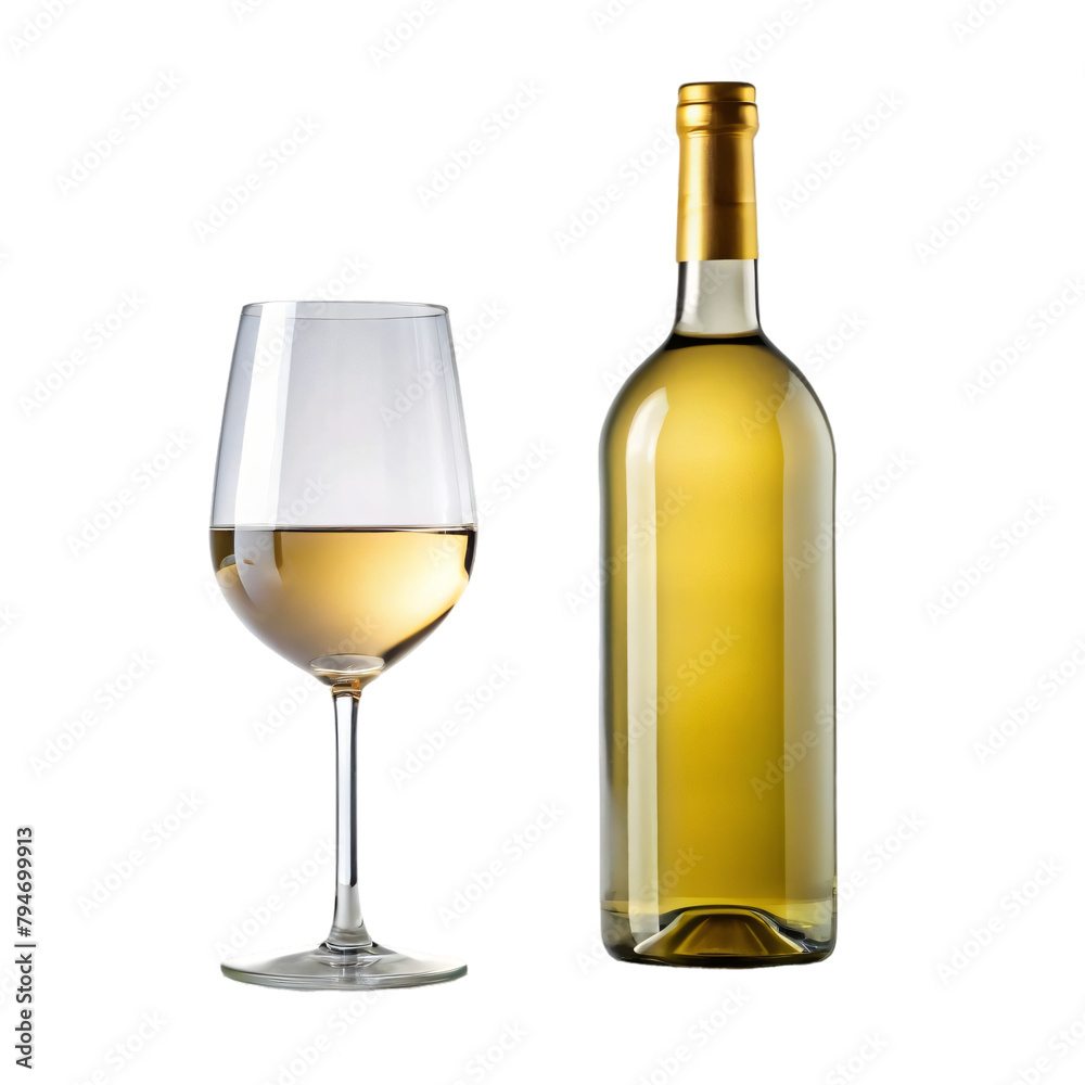 Wine bottle and glass filled with white wine, isolated on a white background Wine bottle and glass filled with white wine, isolated on a white background