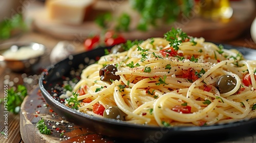 delicious vegetarian dish of pasta with olives and parsley on wooden table