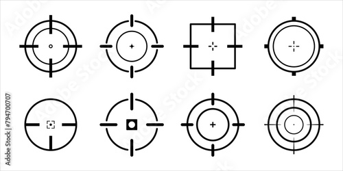 Target aim set. Crosshair target weapon sniper army sight for gun or rifle. Focus on aim set. Sniper target navigation for shooting, optic crosshair, weapon, military, shooting game and accuracy.