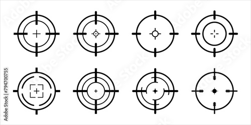 Target aim set. Crosshair target weapon sniper army sight for gun or rifle. Focus on aim set. Sniper target navigation for shooting, optic crosshair, weapon, military, shooting game and accuracy.