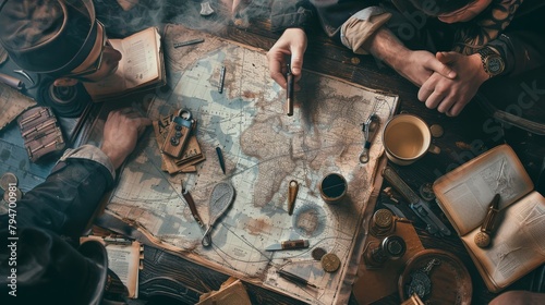 A group of thieves planning a heist around a cluttered table filled with maps and tools photo