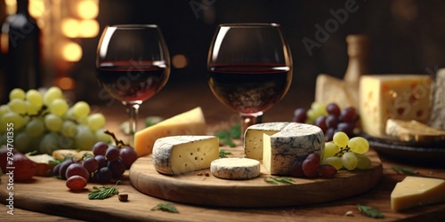 A wine glass next to a cheese platter  highlighting complementary flavors