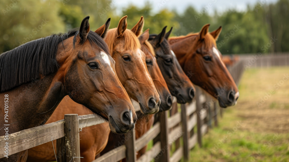 Naklejka premium Five horses are standing next to a fence in a field