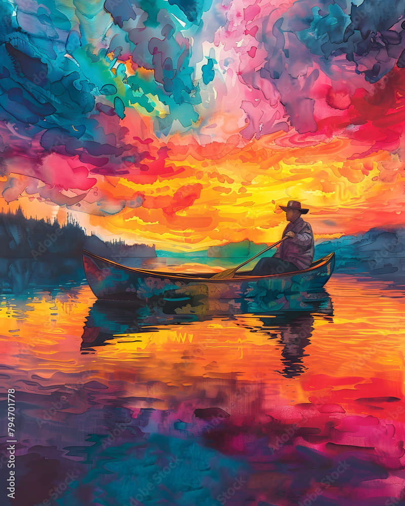 Man in a canoe admiring the orange and red sky afterglow on the lake at dusk - obrazy, fototapety, plakaty 