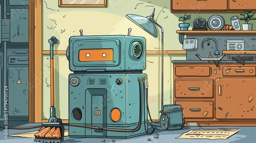 Cartoons or illustrations depicting cleaning robots with personalities and quirks photo