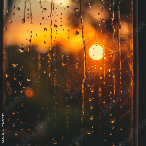 Background atmosphere of raindrops flowing on window glass with beautiful sunset light flares. An illustration defining deep longing