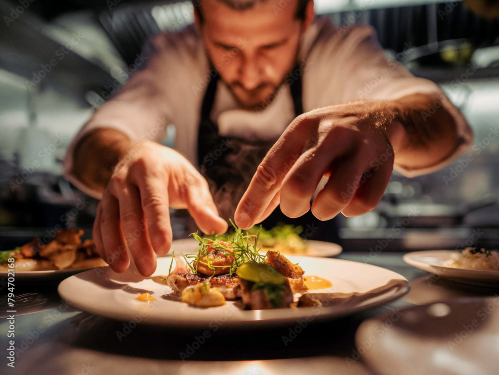 a chef in his kitchen who is putting the final touch on one plate with beautiful food.