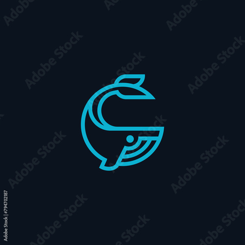 whale logo vector line illustration in blue