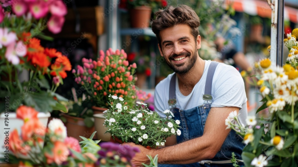 Young handsome man holding a pot of flower in flower shop.