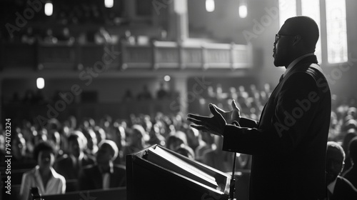 A black and white photo of a pastor standing at the pulpit delivering an impassioned sermon to a packed church. The intensity and emotion in the pastors face and hand gestures convey . photo