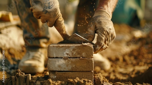 Through the lens we see a closeup of a bricklayer holding a brick in one hand and a trowel in the other. The focus is on the intricate details of the foundation a testament to the . photo