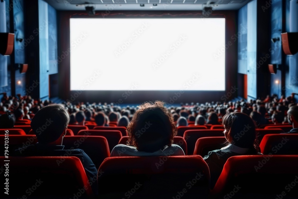 Cinema blank screen and people in red chairs in the cinema hall. Blurred People silhouettes watching movie performance. generative ai.